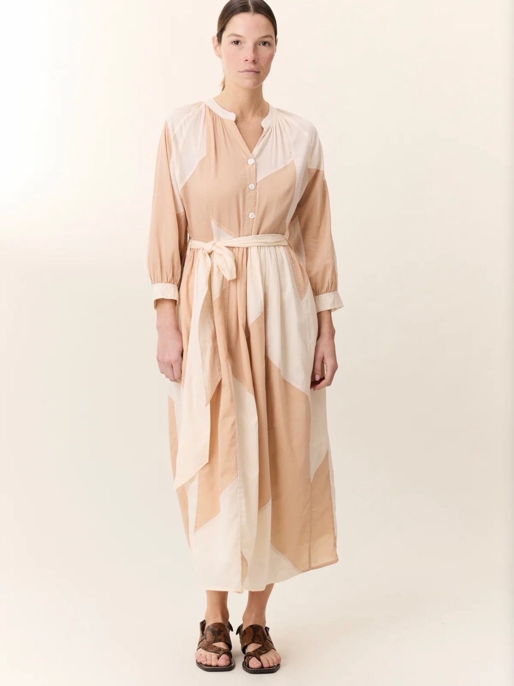 Belted Maxi Dress in Cream and Tan